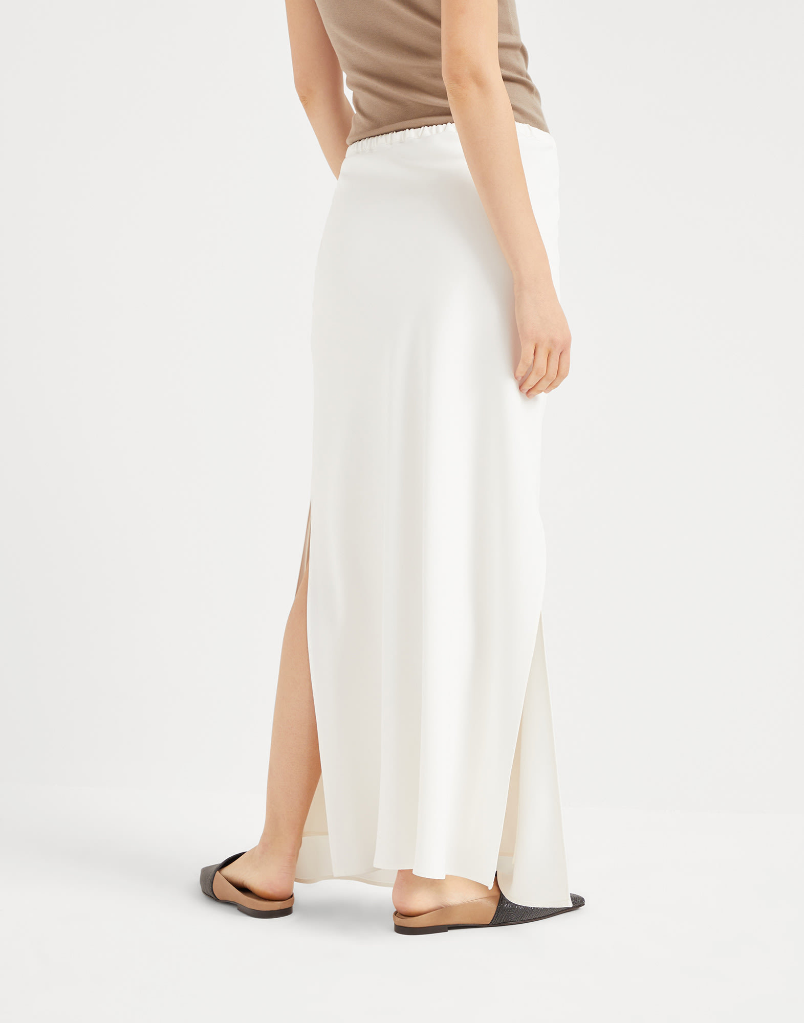 Brunello Cucinelli Cotton Crepe Double Twill Maxi Column Skirt In White