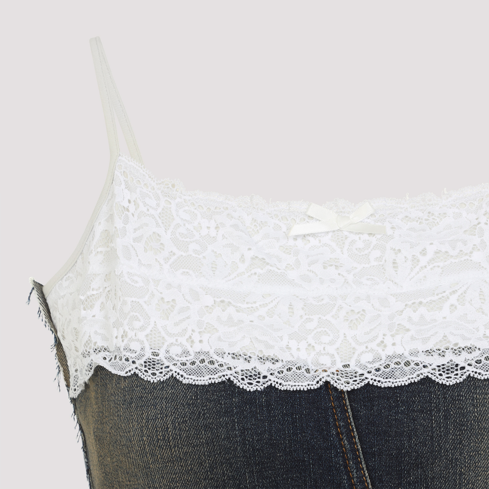 Balenciaga Denim Top With Lace Trim And Rhinestone Embellishments In Blue