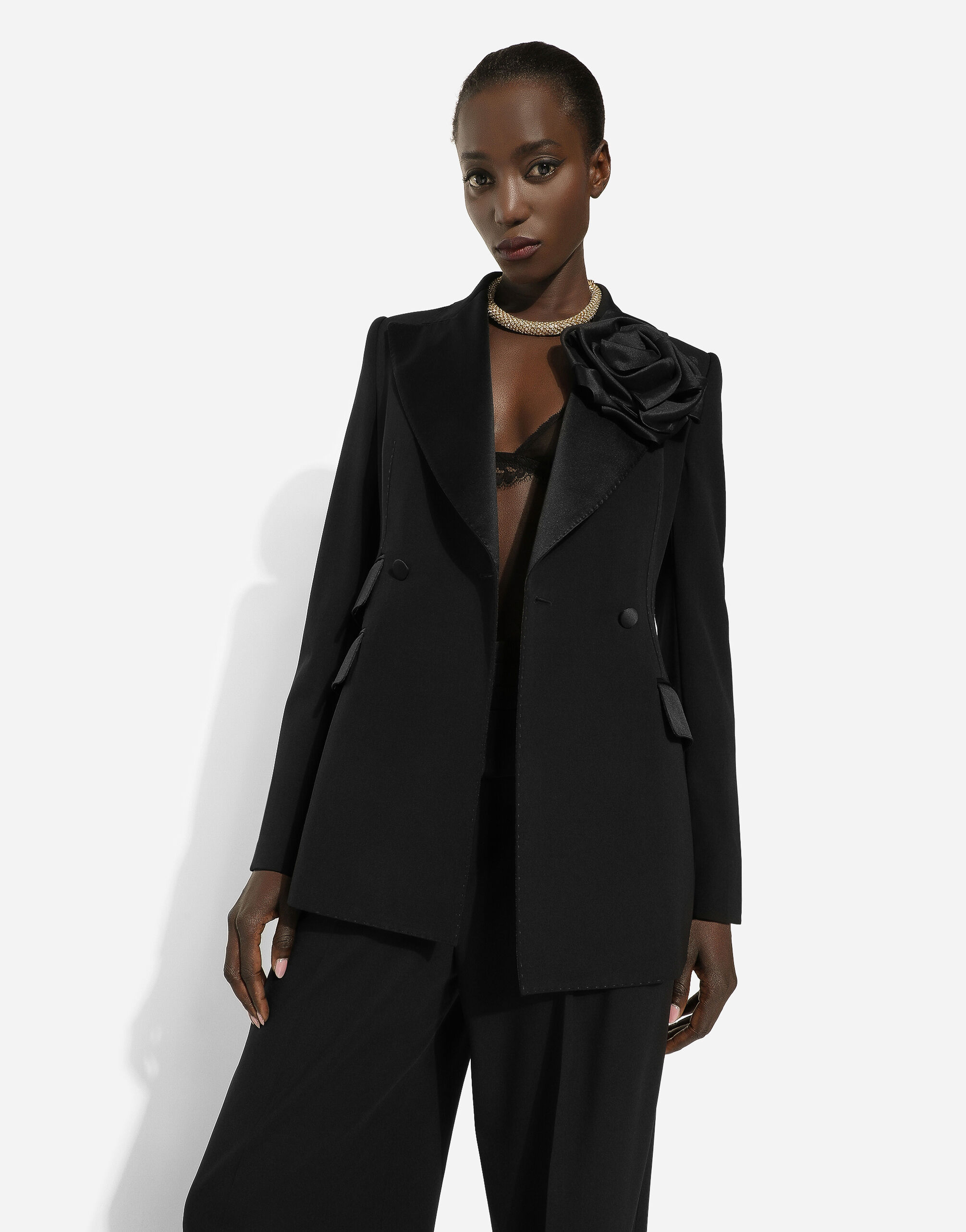 Dolce & Gabbana Double-breasted Jacket With Applied Flower In Black