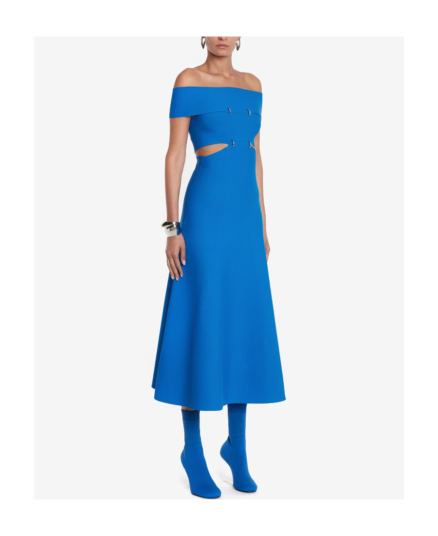 Alexander Mcqueen Off-shoulder Flared Midi Dress In Blue