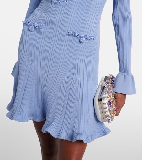 Self-portrait Faux Pearl-embellished Ribbed-knit Mini Dress In Blue