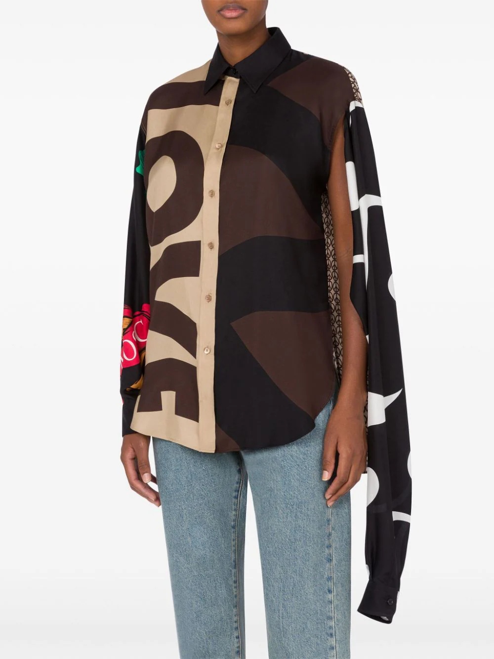 Moschino Multicolor Silk Shirt With Asymmetrical Long Sleeve In Black
