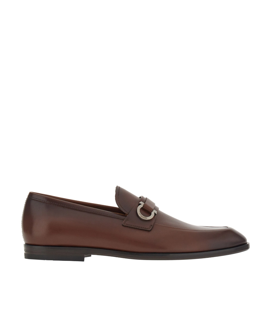 Ferragamo Florio Leather Loafer With Gancini Detail In Brown
