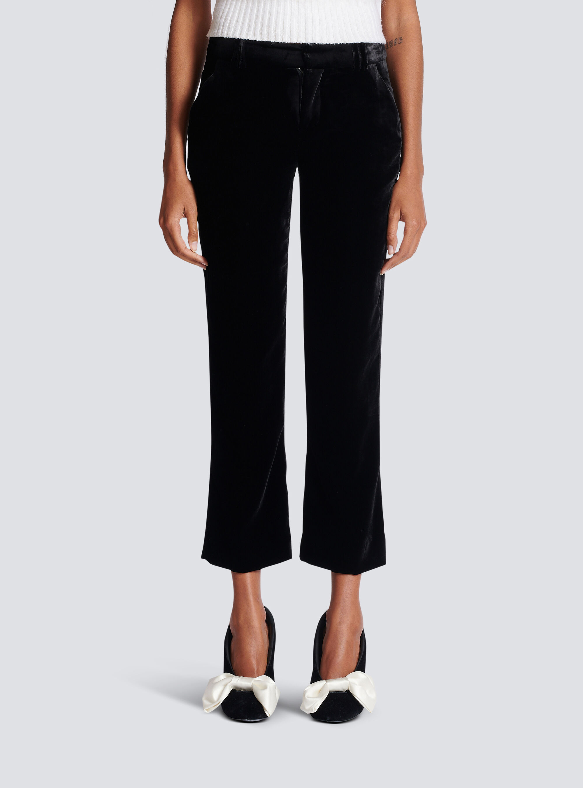 Balmain Cropped Velvet Trousers In Black