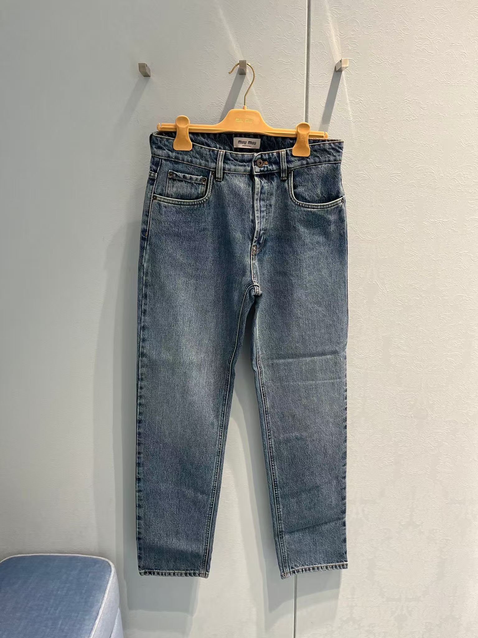 Miu Miu Embroidery Logo Jeans Pants In Blue