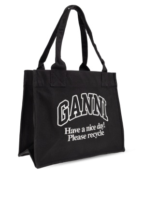 Ganni Women Black Shopper With Embroidered Logo On The Front In Denim Woman In Black