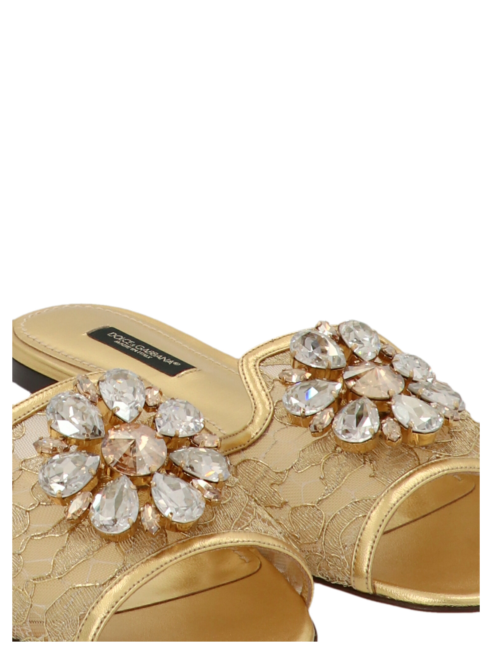 Dolce & Gabbana Rainbow Slides In Gold Lurex Lace With Brooch In Nude
