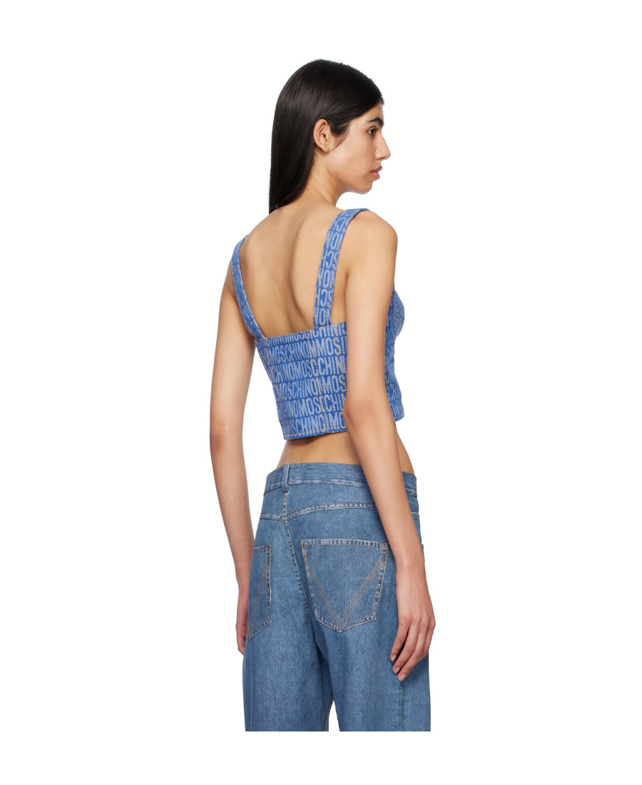 Moschino Ladies Fantasy Print Blue Monogram Denim Cropped Top In Blue