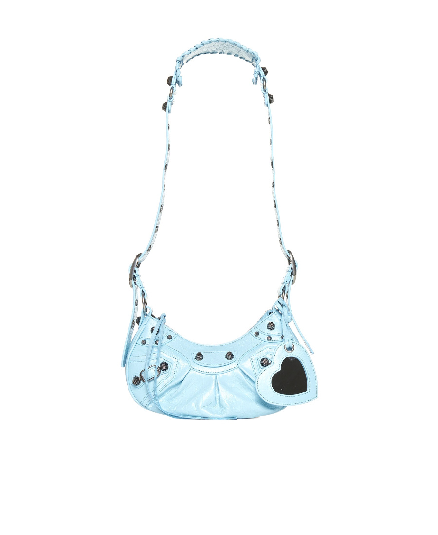 Balenciaga Leather Cagole Shoulder Bag With Studded Detail In Blue