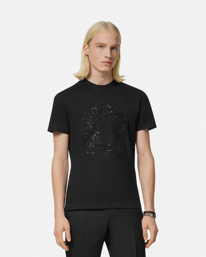 Versace Cartouche-embellished Cotton T-shirt In Black