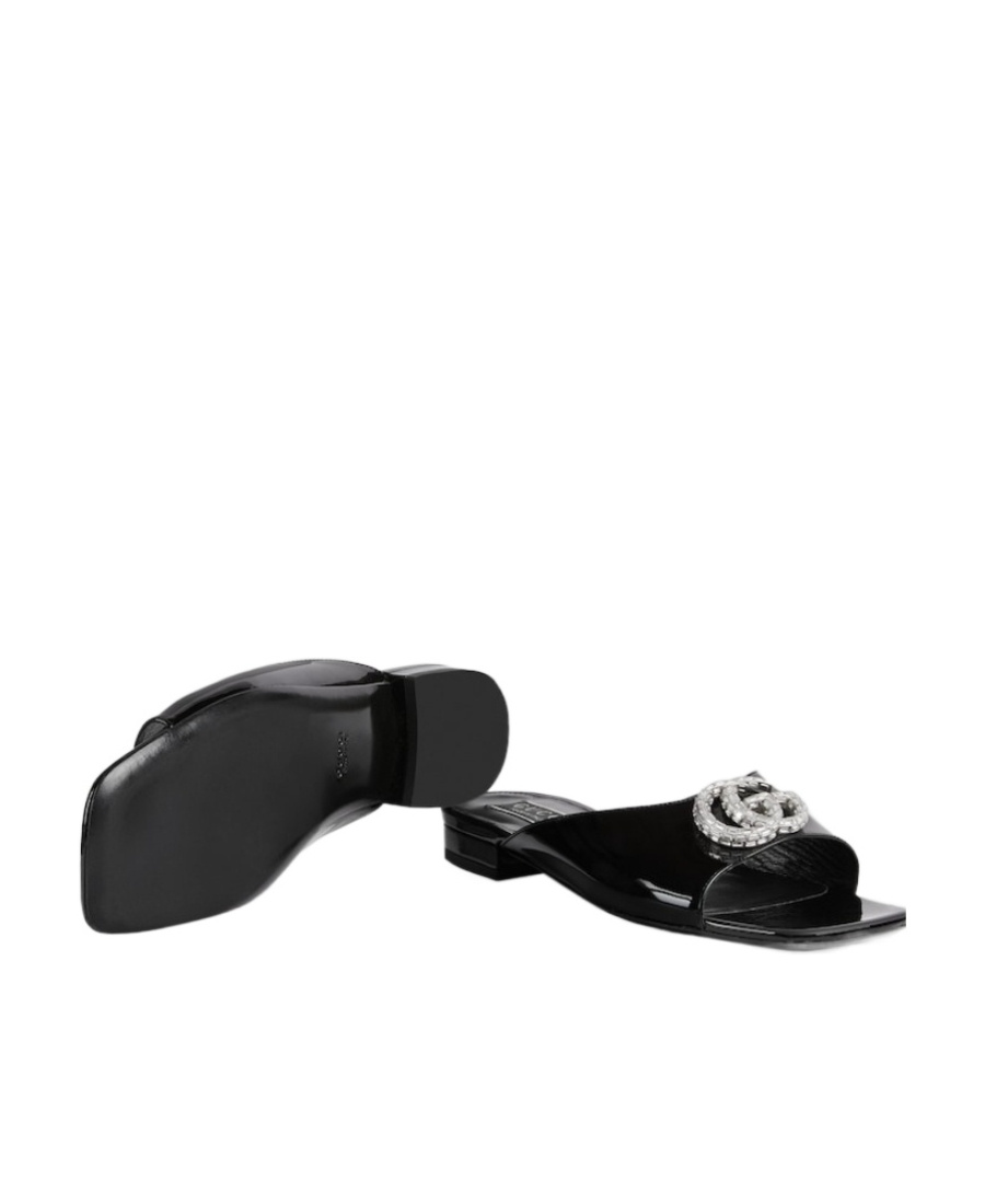 Gucci Double G Patent-leather Slides In Black