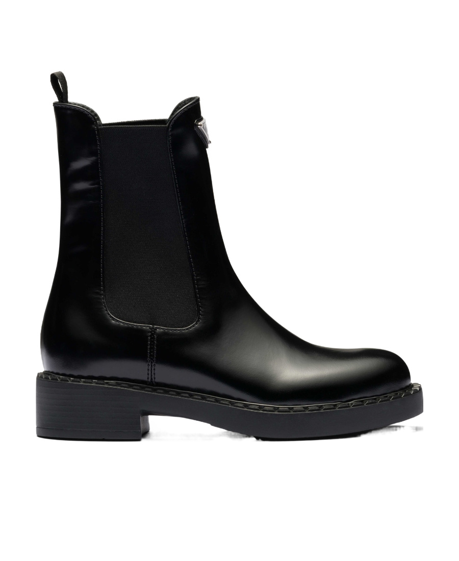 Prada Logo Plaque Brushed-effect Ankle Boots In Black