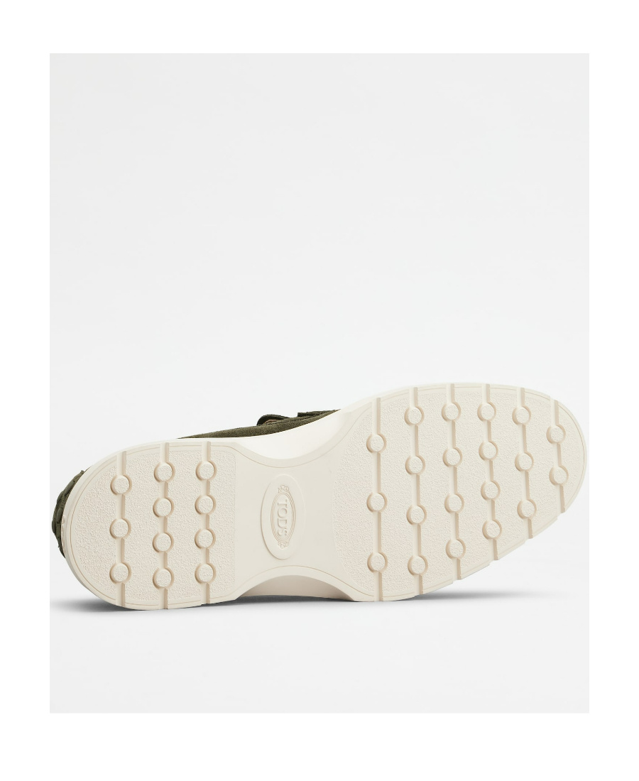 Tod's Round Toe Suede Loafers With Decorative Stitching In Green