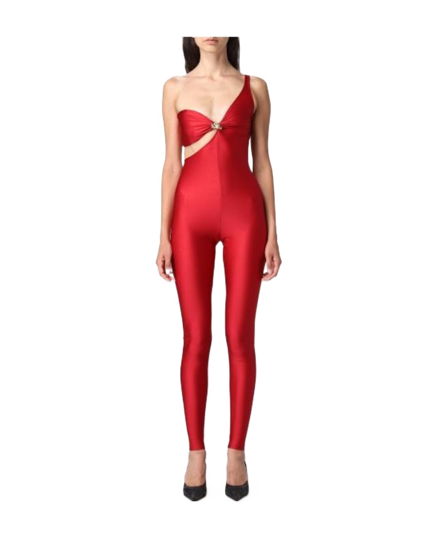 Saint Laurent Asymmetric Sleeveless Jumpsuit In Red