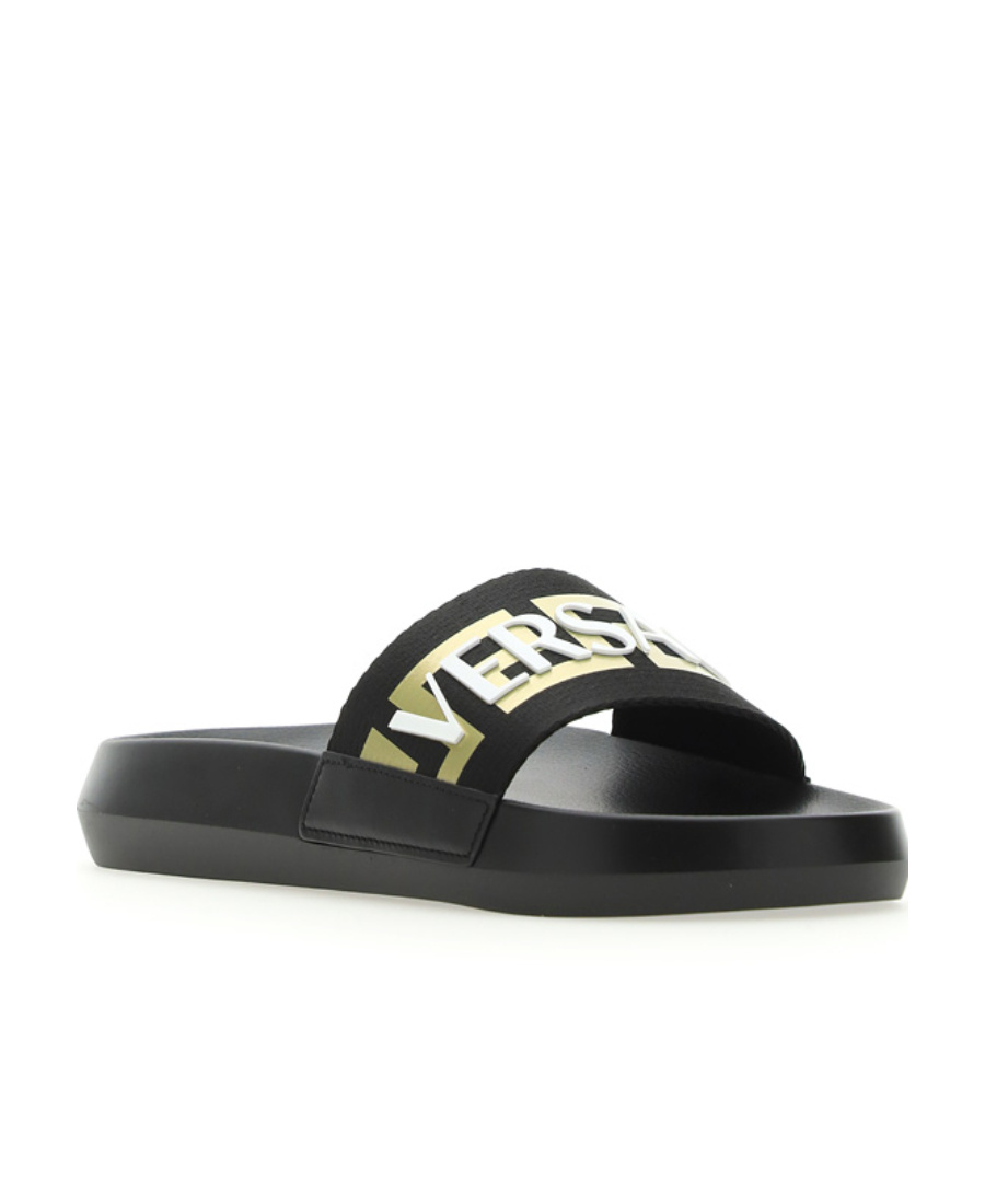 Versace Logo-appliqué Open Toe Slides In Black