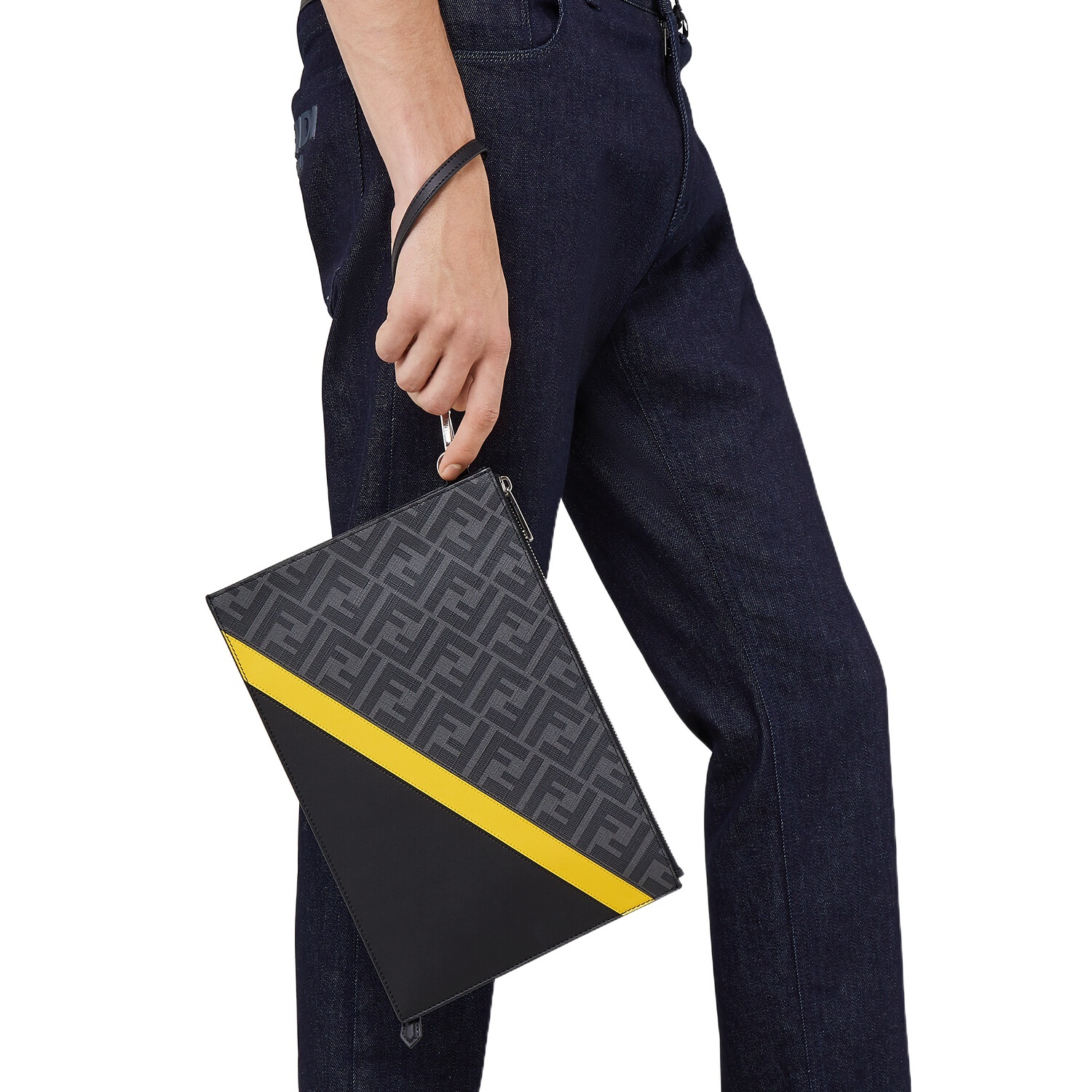 Fendi Flat Ff Motif Panelled Pouch In Black