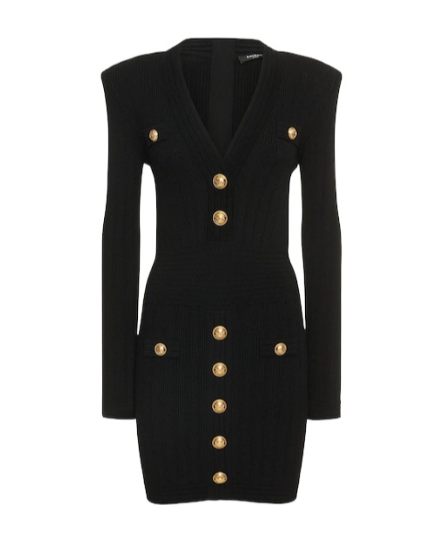 Balmain Mini Black Dress With Golden Buttons In Stretch Viscose Woman