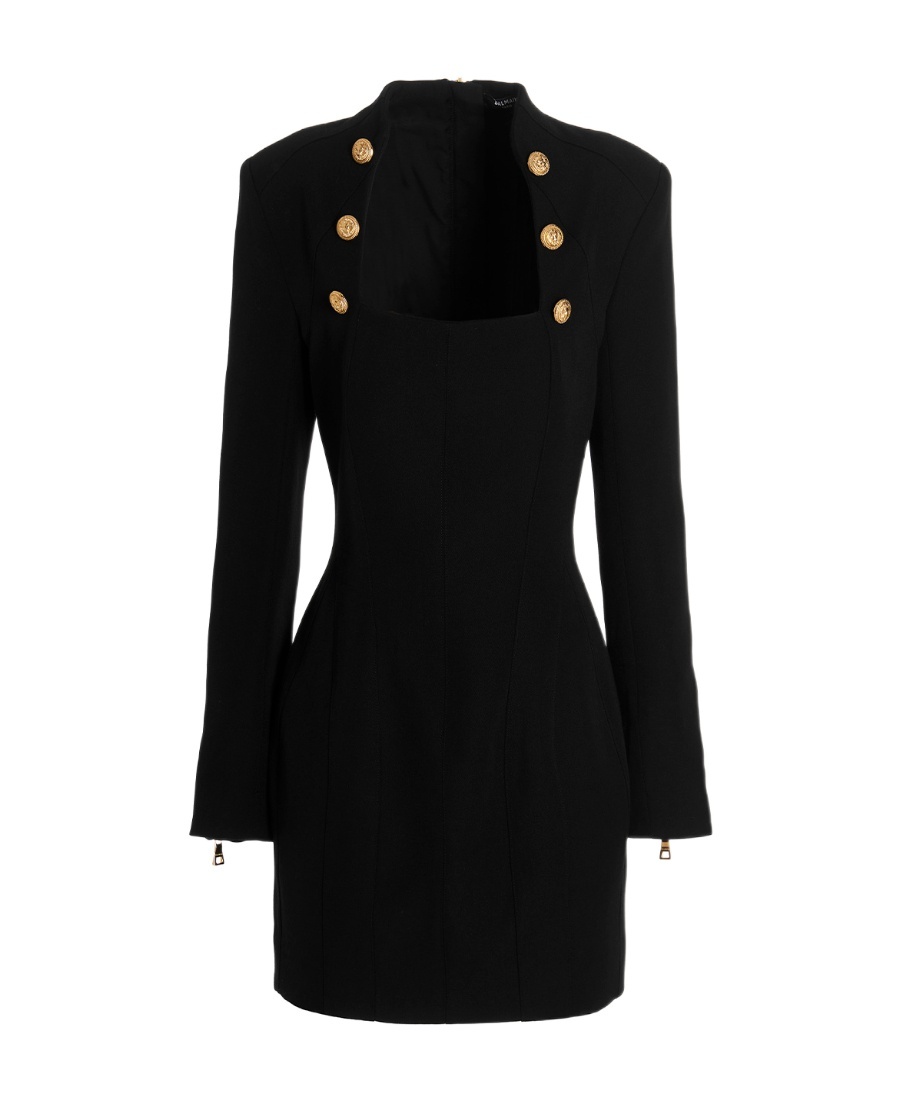 Balmain Square-neck Wool Mini Dress In Black