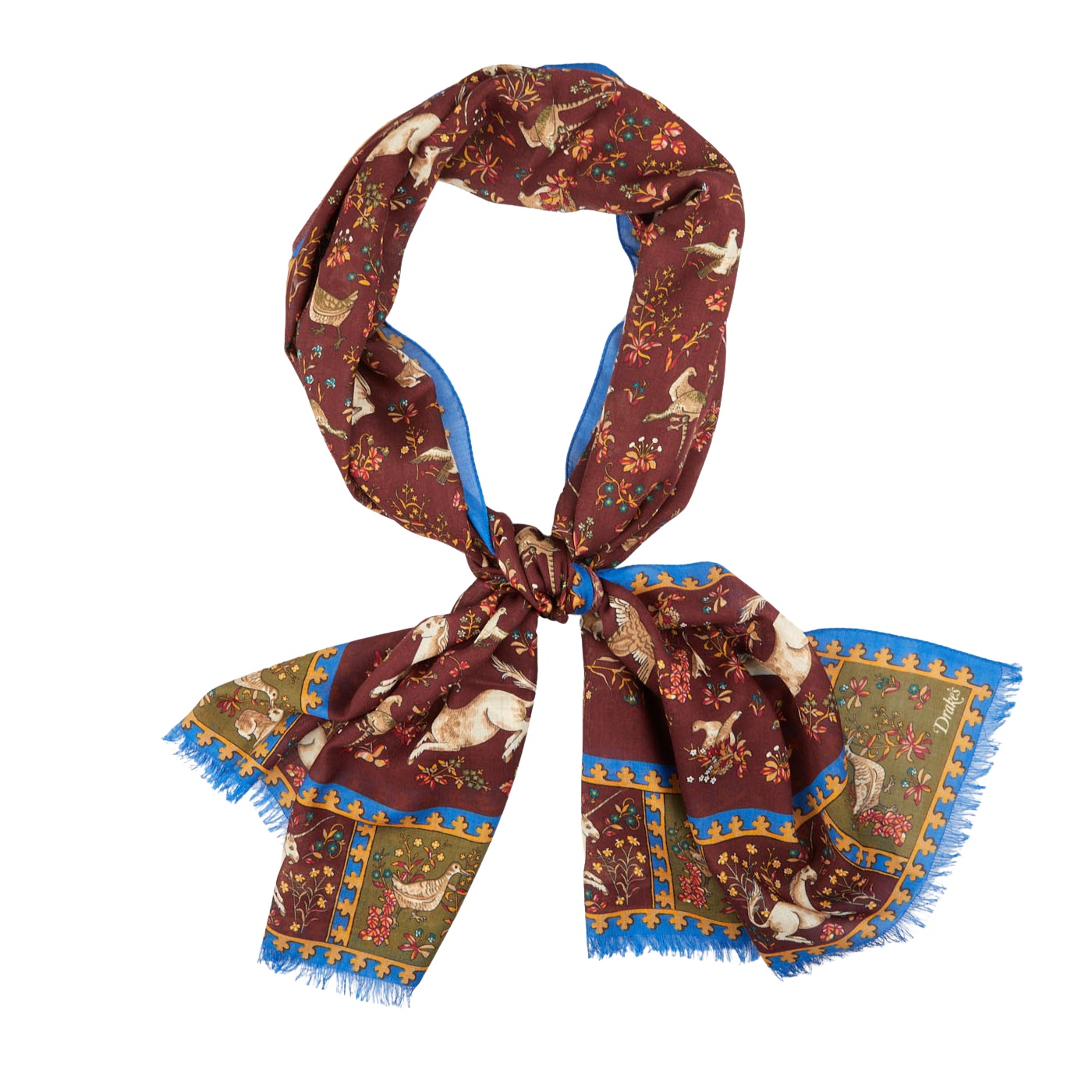 Drake's London Unicorn Printed Scarf In Brown