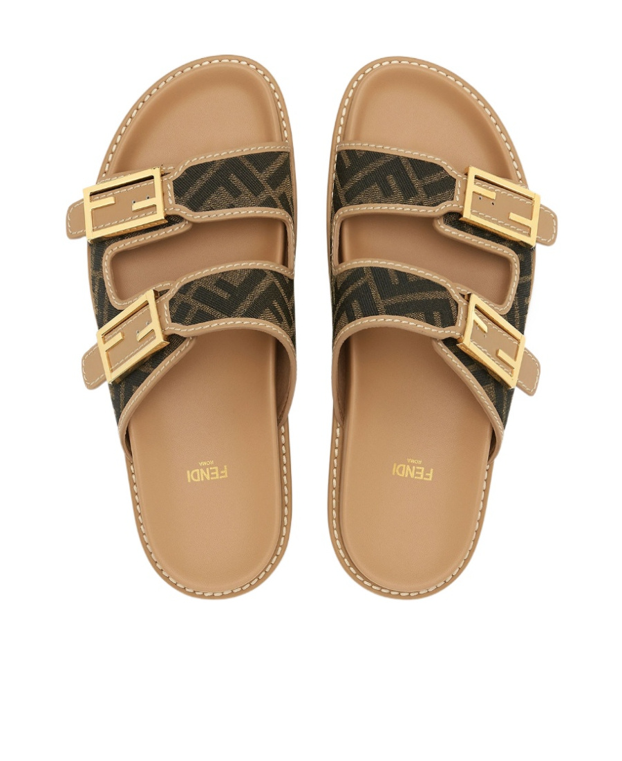 Shop Fendi Brown Ff Fabric Slides