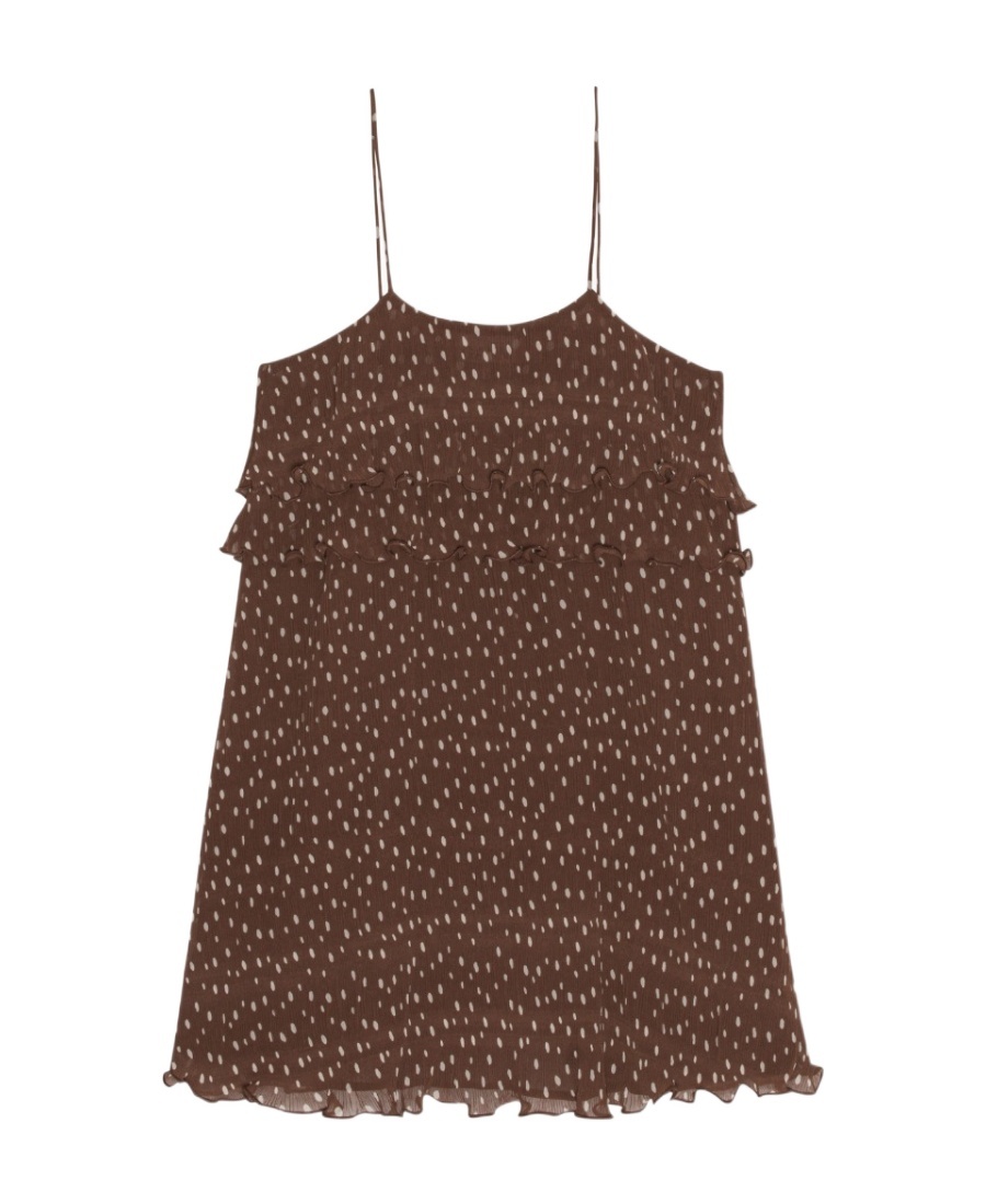 Ganni Square-neck Motif-print Dress In Brown