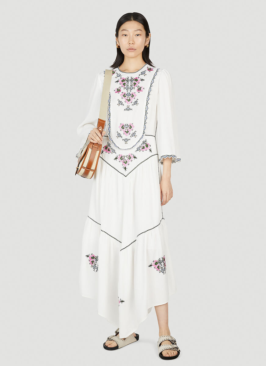 Shop Isabel Marant Embroidered Tiered Midi Dress In White