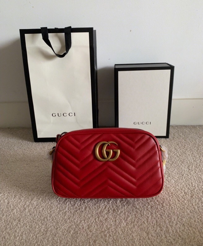 Gucci (wmns)  Gg Marmont Gold Logo Leather Chain Small Red Classic Shoulder Messenger Bag In Red