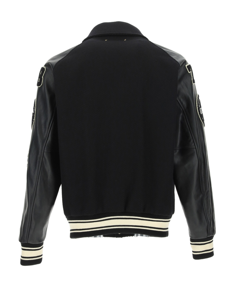 Golden Goose Bomber Compact Cloth Wool Blend Leather Sleeves College Patches Clothing In Black