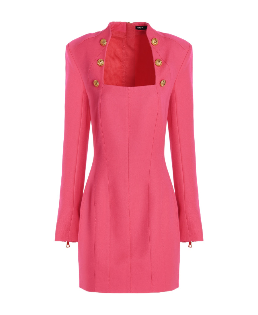 Balmain Embellished Pleated Wool Mini Dress In Pink