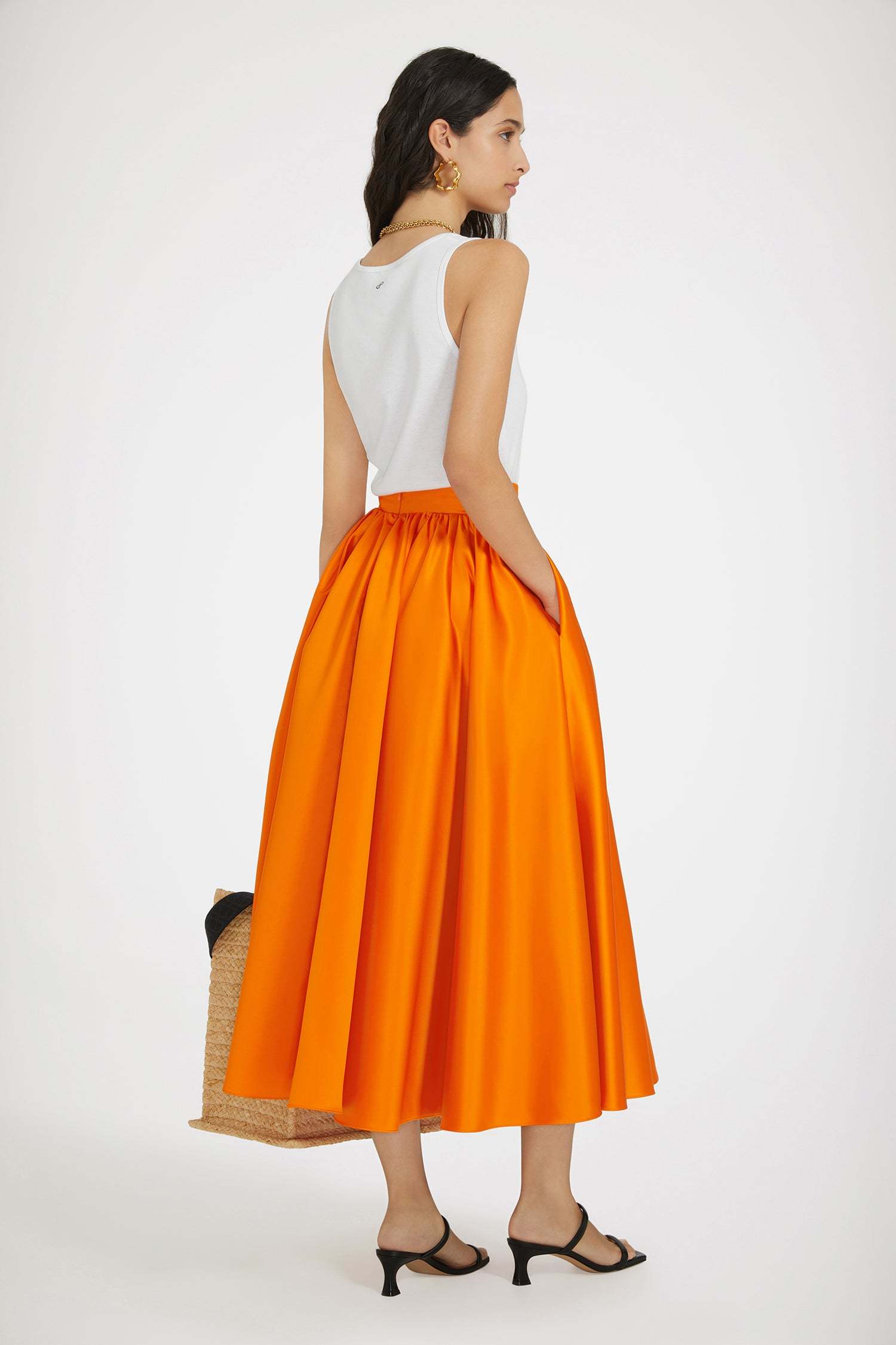 Patou Satin Flared Midi Skirt In Orange