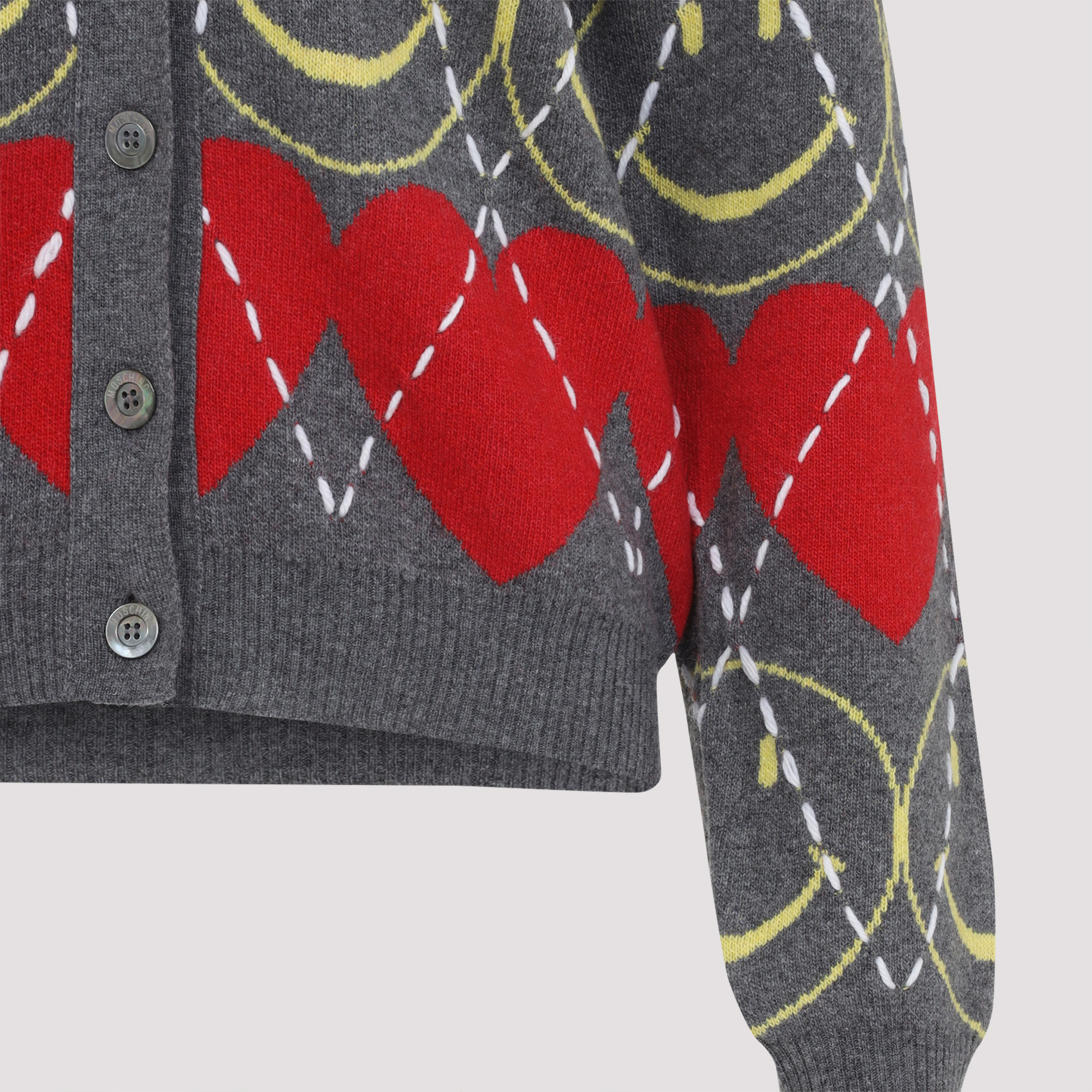 Moschino Jacquard Smile Wool Blend Cardigan In Gray