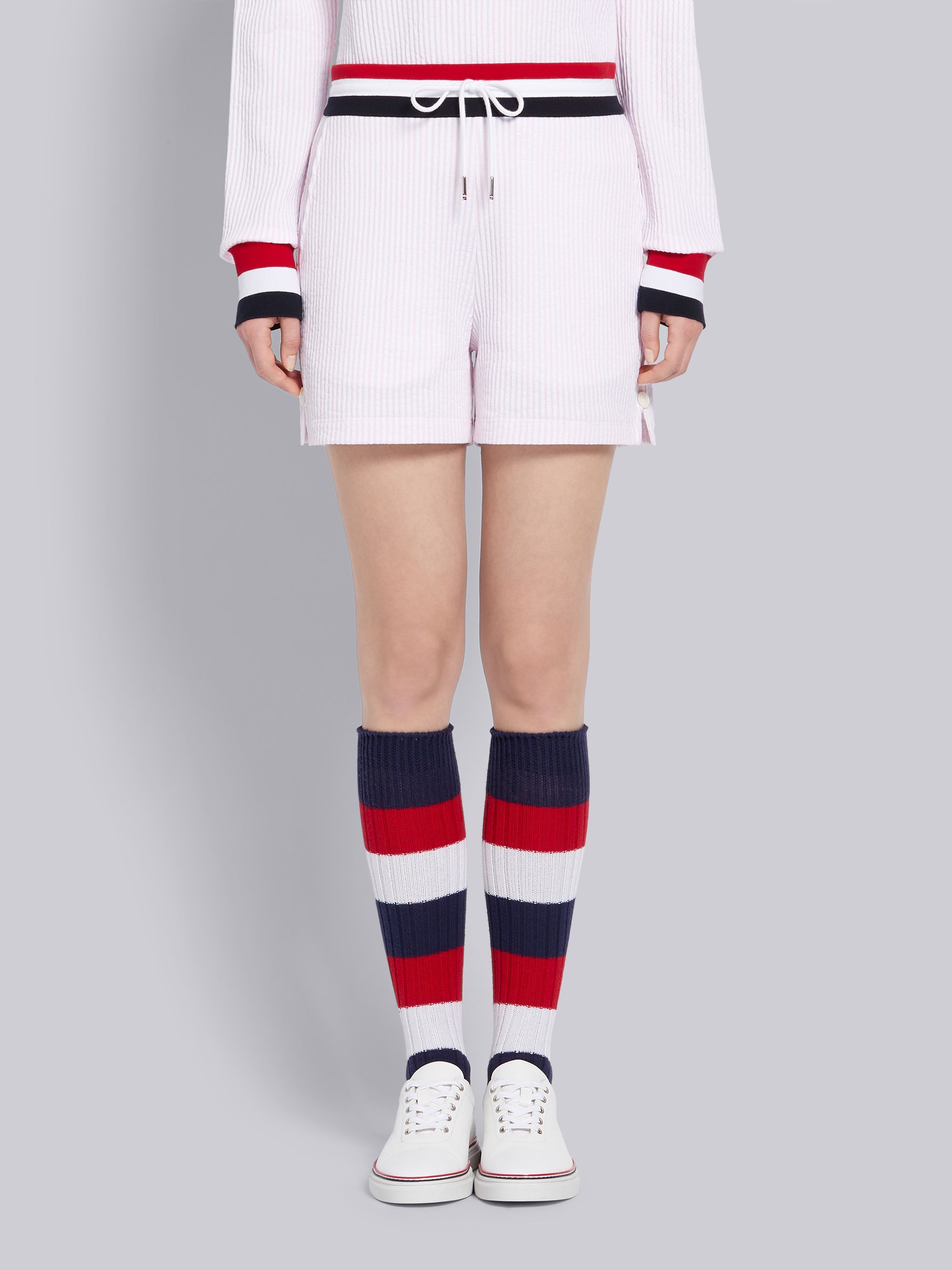 Thom Browne Tricolour-waistband Seersucker Shorts In White