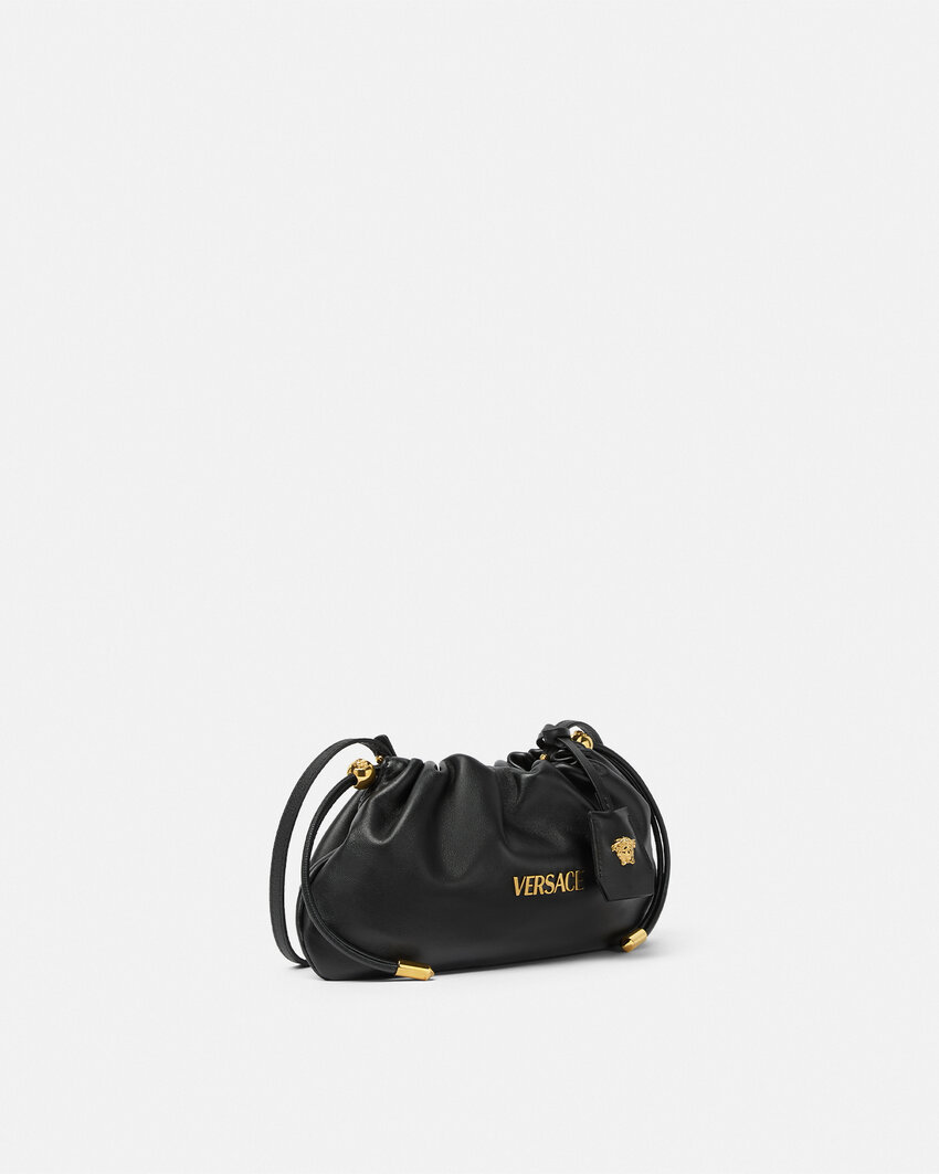 Versace Small Tag Drawstring Clutch Bag In Black