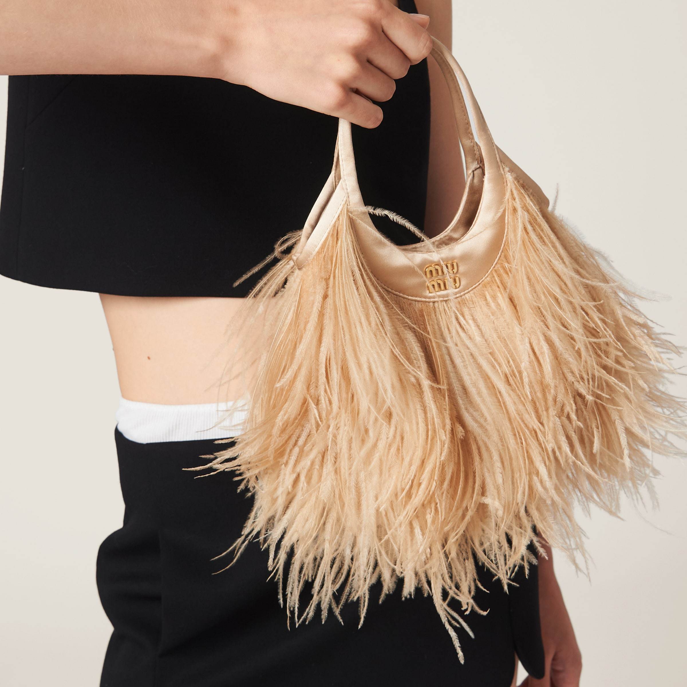 Miu Miu Feather-detail Satin Handbag In Yellow