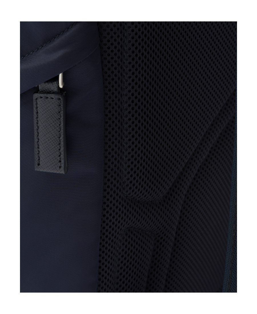 Prada Structured Leather Backpack With Logo Zipper Closure In Blue