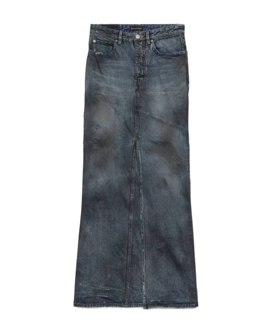 Balenciaga Dark Blue Maxi Skirt With Crinkled Effect With Logo Patch In Cotton Denim Woman In Black