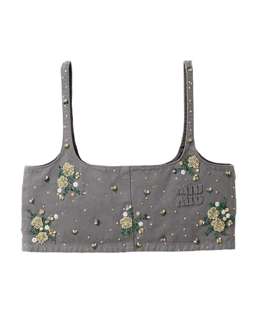 Miu Miu Floral-embellished Crop Top In Gray