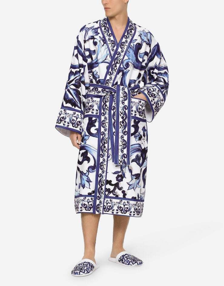 Dolce & Gabbana Graphic-print Long Sleeve Bath Robe In Blue