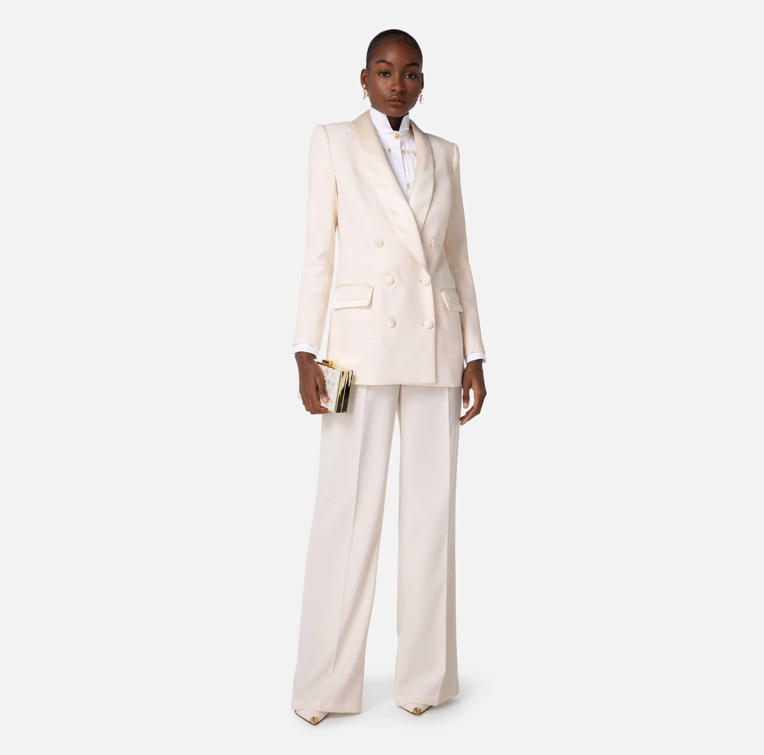 Elisabetta Franchi Double-breasted Satin-trim Blazer In White