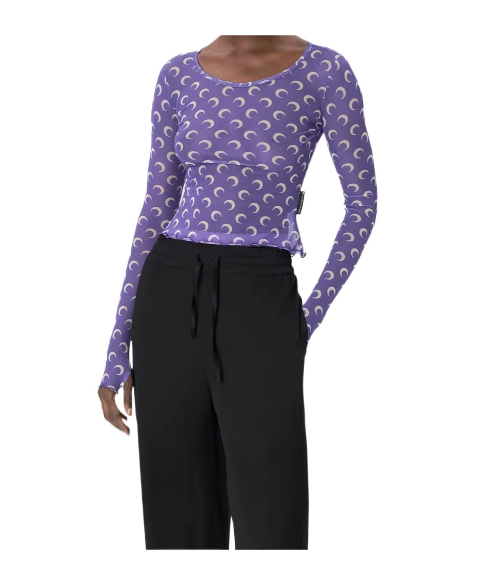 Marine Serre Recycled Moon Mesh Second Skin Cropped Top In Moon Printed Mesh Lavender