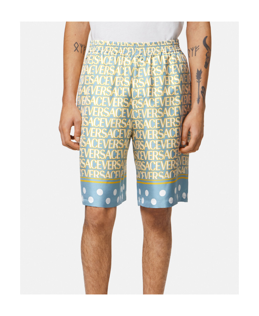 Versace Silk Bermuda Shorts With All-over Logo In Nude
