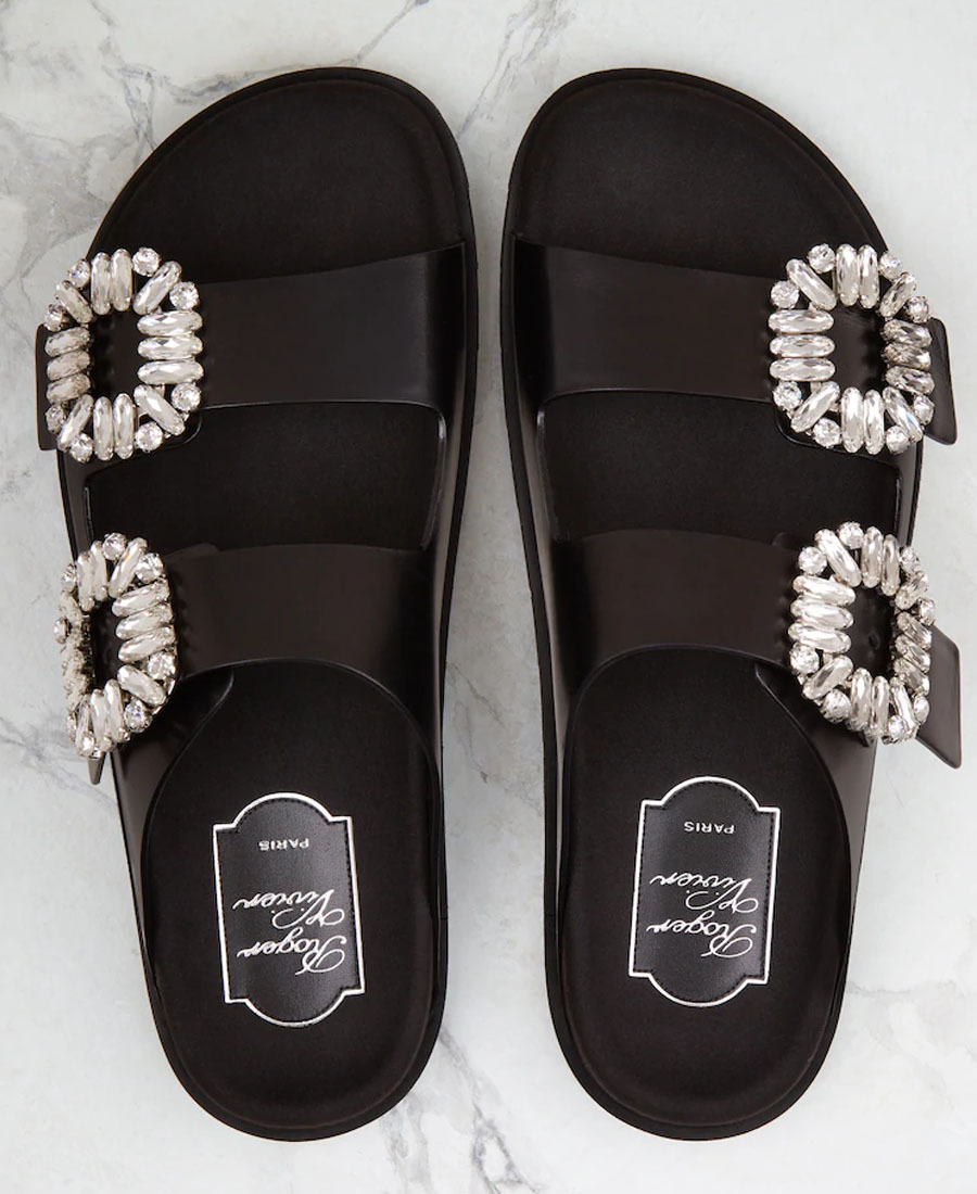 Roger Vivier Slidy Viv Crystal-embellished Leather Slides In Black