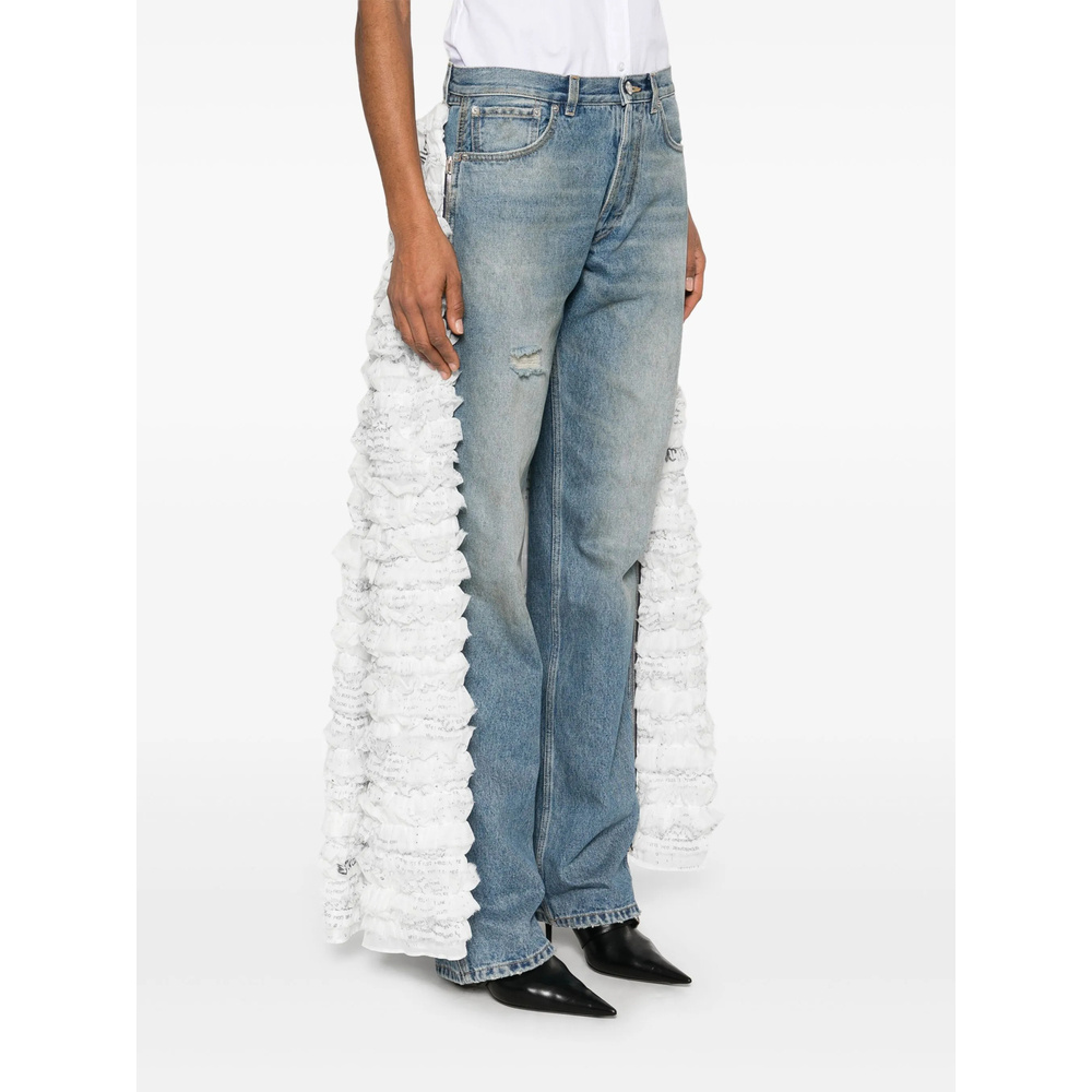 Moschino Ruffled Overlay Distressed Jeans In Gray