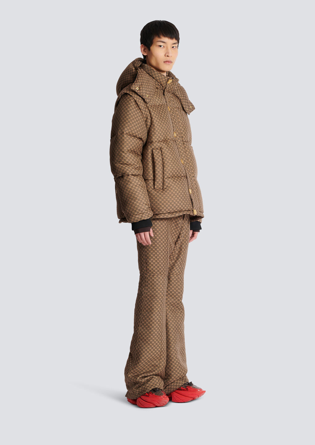 Shop Balmain Mini Monogrammed Down Jacket In Brown