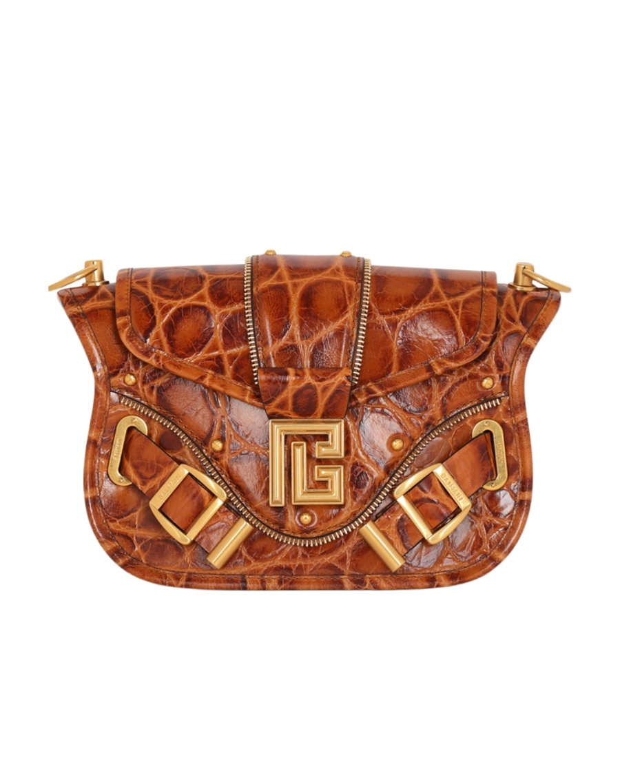 Balmain Blaze Bag In Crocodile-print Leather In Brown