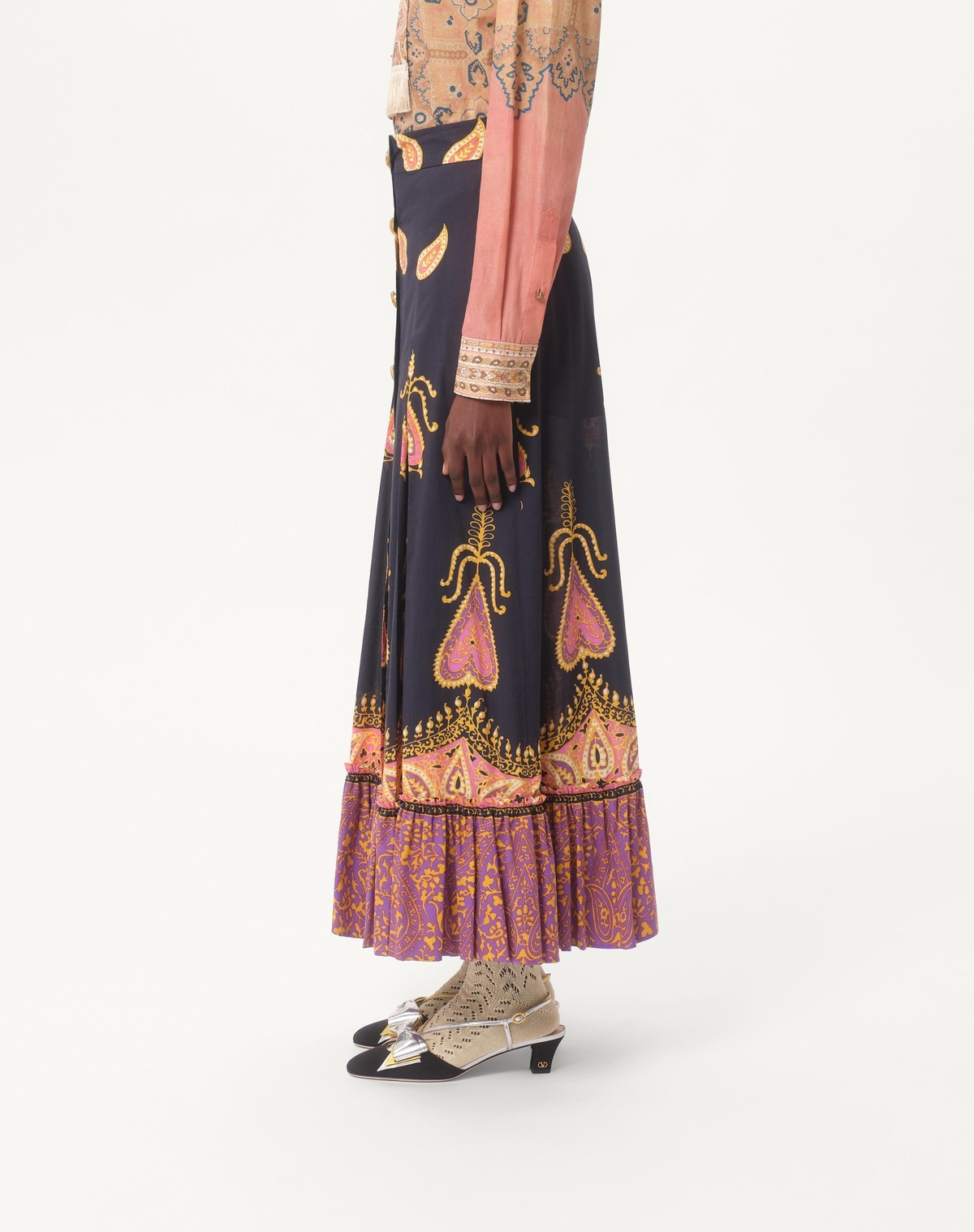 Valentino Paisley High Waist Skirt With Ruffled Hem In Indaco Multicolor