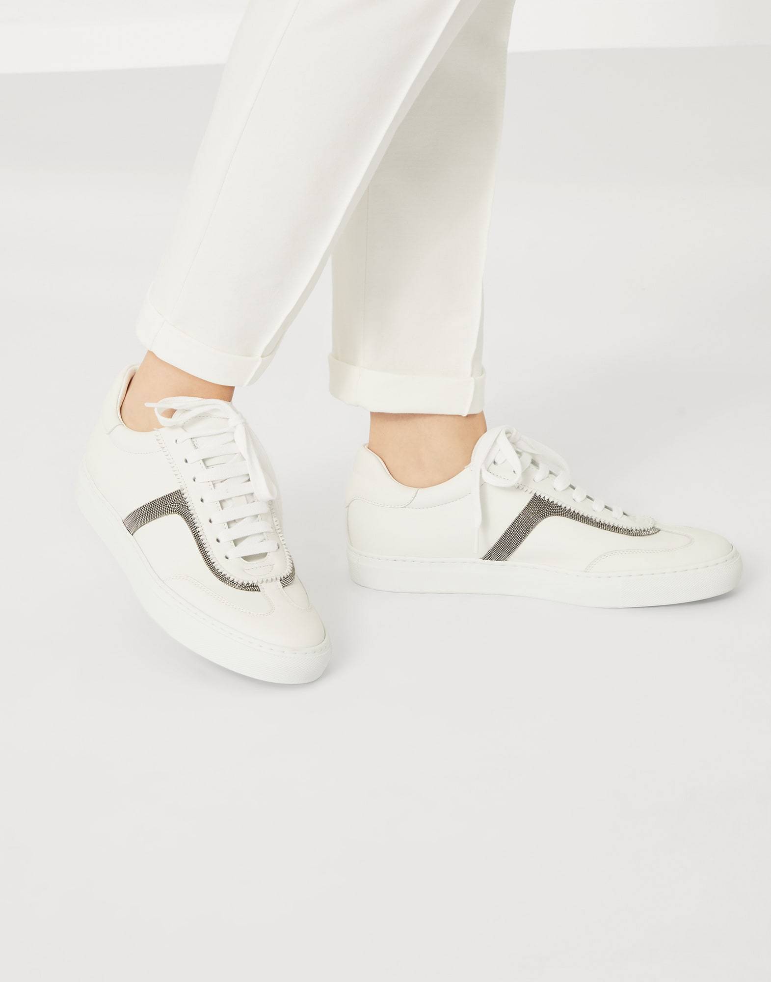 Brunello Cucinelli Monili Leather Sneakers In White