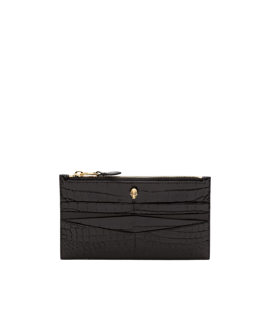 Alexander Mcqueen Flat Zip Crocodile-effect Wallet In Black