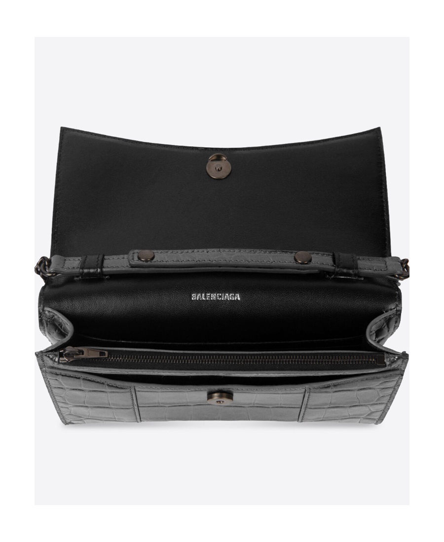 Balenciaga Hourglass Crocodile-effect Chain Wallet In Black