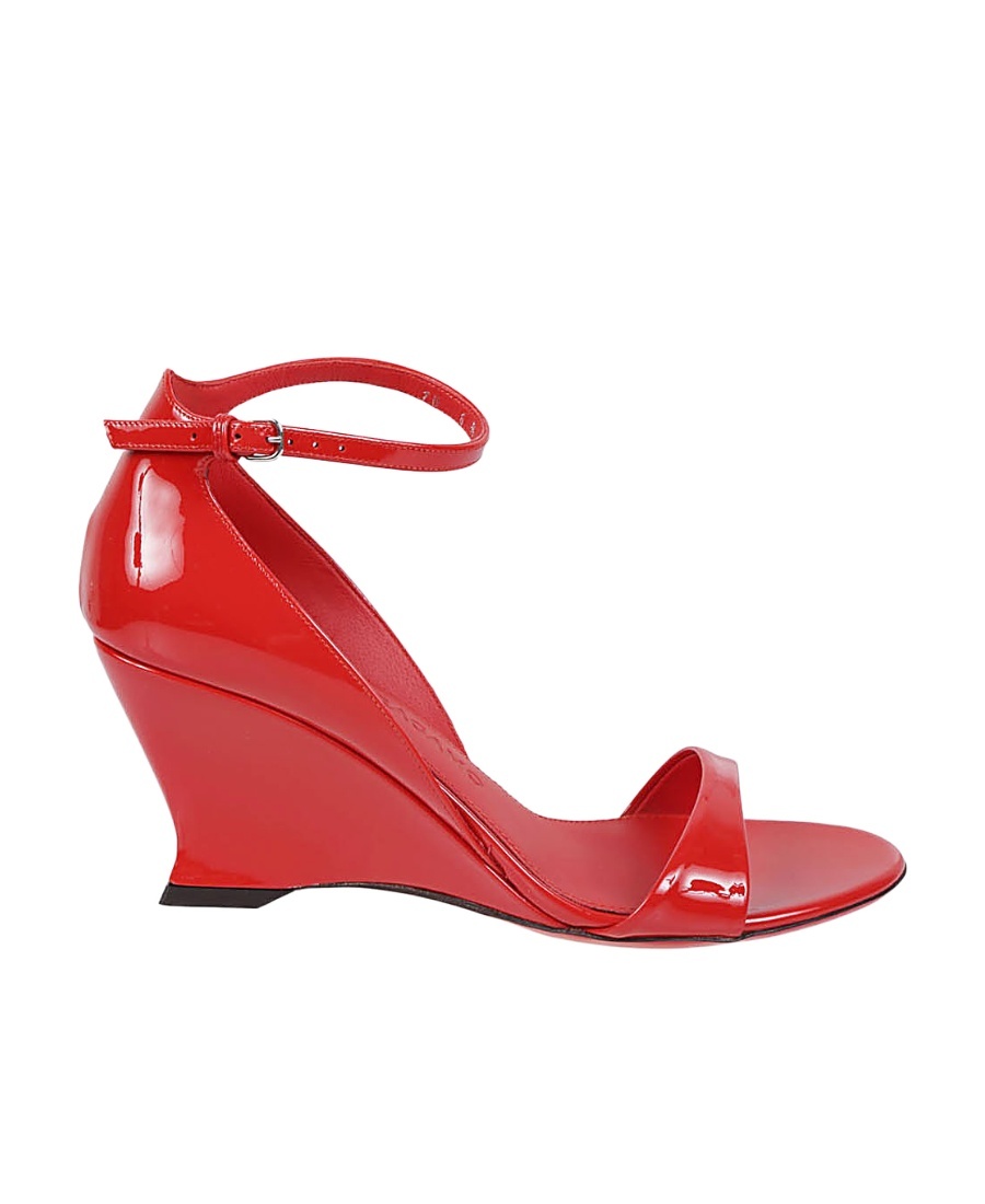 Ferragamo Glossy Leather Sandals With Shaped Wedge Heel In Red